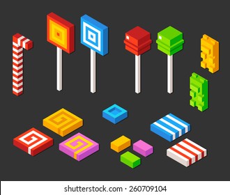 Stylized isometric candy variety.