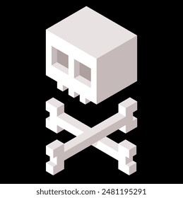 Stylized isometric cartoon skull and crossbones. 3d pixel art video game style. Simple vector clip art illustration.