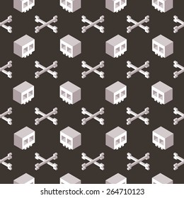 Stylized isometric cartoon skull and crossbones seamless pattern.