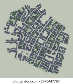 Stylized isometric city map illustration inspired by Dungeons And Dragons environments, featuring detailed buildings, streets, courtyards, and green spaces. Hand-drawn fantasy town layout with medieval architecture, trees, and plazas, perfect for game design, RPG maps, storytelling, world-building, and decorative artwork. High-resolution digital illustration with a soft, muted color palette.
