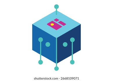 A stylized isometric cube with circuit-like lines and nodes, featuring a data chip graphic on its top surface.