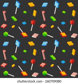 Stylized isometric cubic candy arranged in a seamless pattern.
