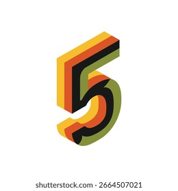 A stylized, isometric graphic of the number five with bold, retro-inspired stripes in yellow, orange, black, and green.