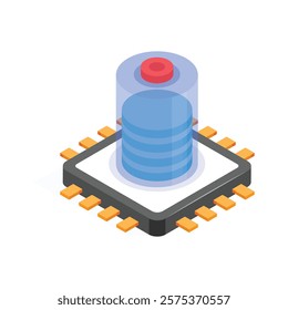 A stylized, isometric icon of a data storage unit housed within a microchip