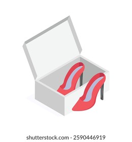 A stylized isometric icon of high heeled shoes inside a shoebox