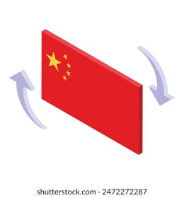 Stylized isometric illustration of china's flag with curved arrows around it, indicating motion or exchange