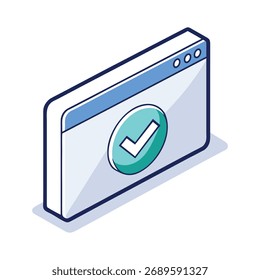 A stylized isometric illustration of a computer window with a green checkmark, indicating completion or success, isolated on white background.
