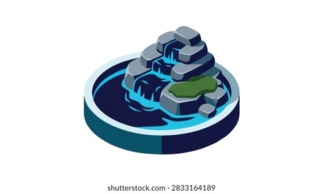 A stylized isometric illustration of a small waterfall cascading over rocks into a circular pool, surrounded by green moss and vegetation.