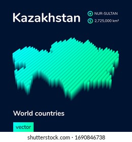 Stylized isometric neon striped vector Kazakhstan map with 3d effect. Map of Kazakhstan is in green and mint colors on the dark blue background