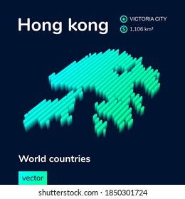 Stylized isometric neon vector 3d Hong Kong map in mint turquoise colors on a dark blue background. Geography study poster, infographic element.
