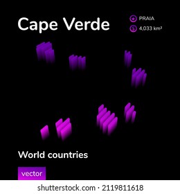 Stylized isometric neon vector Cape Verde 3D map in violet and purple colors on black background