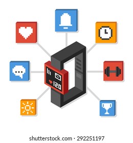 Stylized isometric smartwatch or fitness tracker surrounded by pixel icons illustrating its functions: health monitoring, alarm and notification, exercise and more.
