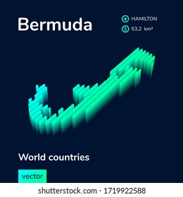 Stylized isometric striped digital neon vector map of Bermuda with 3d effect. Map of Bermuda is in green and mint colors on the dark blue background