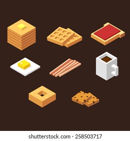 Stylized isometric traditional breakfast food items.