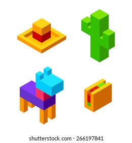 Stylized isometric traditional mexican symbols: sombrero, cactus, pinata and a taco, isolated on white background.