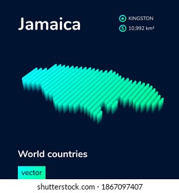 Stylized isometric vector 3d map of Jamaica in neon mint turquoise colors on a dark blue background. Geography study poster, infographic element.
