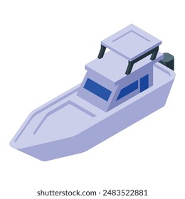 Stylized isometric vector illustration of a modern speedboat navigating the ocean, showcasing high technology and contemporary marine design for leisure and recreational water travel