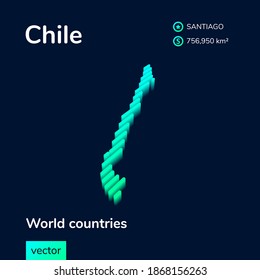 Stylized isometric vector isometric neon 3d  Chile map in mint turquoise colors on a dark blue background. Geography study poster, infographic element.