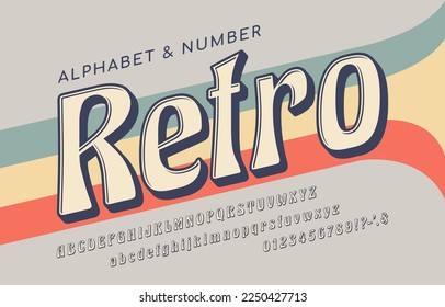 Stylized italic retro font and alphabet in retro 90s, 80s style. Vector alphabet abc. Signs, numbers and symbols