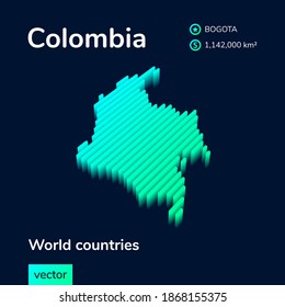 Stylized izometric vector 3d map of Colombia in neon mint turquoise colors on a dark blue background. Geography study poster, infographic element.