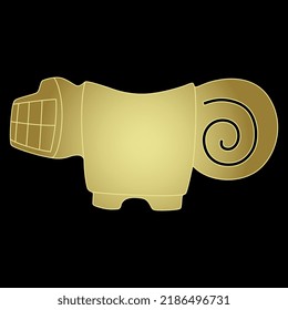Stylized jaguar with bared teeth and spiral tail. Animal totem from ancient Ecuador. Valdivia culture. Native American pre Columbian art. Golden glossy silhouette on black background.
