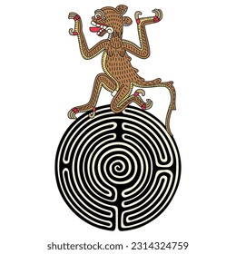 Stylized jaguar on top of a round spiral maze or labyrinth symbol. Native American art of Aztec Indians. From Mexican codex. Isolated vector illustration.