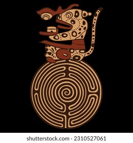 Stylized jaguar sitting on a round spiral maze or labyrinth symbol. Native American ethnic animal design of Maya Indians. On black background.