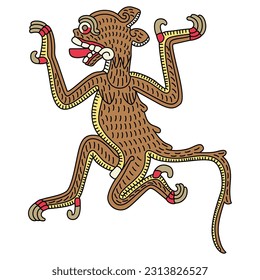 Stylized jaguar with talons and his tongue out. Native American art of Aztec Indians. From Mexican codex. Isolated vector illustration.