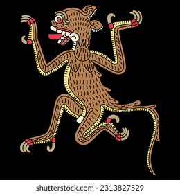 Stylized jaguar with talons and his tongue out. Native American art of Aztec Indians. From Mexican codex. On black background.