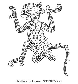 Stylized jaguar with talons and his tongue out. Native American art of Aztec Indians. From Mexican codex. Black and white linear silhouette.