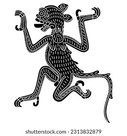 Stylized jaguar with talons and his tongue out. Native American art of Aztec Indians. From Mexican codex. Black and white negative silhouette.