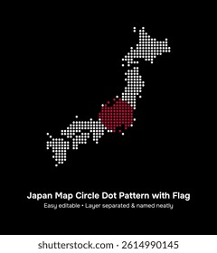 Stylized Japan map, consists of circle dot pattern, with Japan flag in the middle