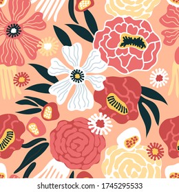 Stilisierter japanischer Druck. Nahtloses Muster mit blühenden Blumen. Vintage Textilkollektion. Vorlage für Textilien, Karten, Packpapier.