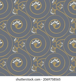 Stylized jasmine spiral vector seamless pattern background. Elegant floral backdrop in gold silver with flowers on spiralling stems. Hand drawn botanical geometric repeat of medicinal healing flower.
