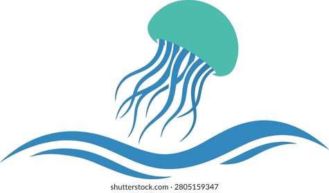 Stylized jellyfish gracefully swimming above flowing ocean waves in a minimalist design