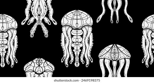 Stylized jellyfish graphics linocut texture. Texture print. Vector overlapping seamless pattern