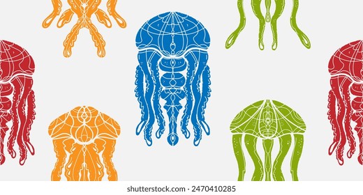 Stylized jellyfish graphics linocut texture. Texture print. Vector overlapping seamless pattern