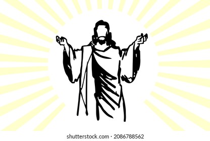 Stylized jesus christ illustration with white background with sunbeams.