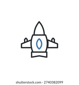 Stylized jet fighter icon with bold outlines and blue accents, perfect for technology or transportation themes.