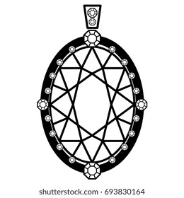 Stylized jewelry item, vertical oval pendant. Isolated black on white background.