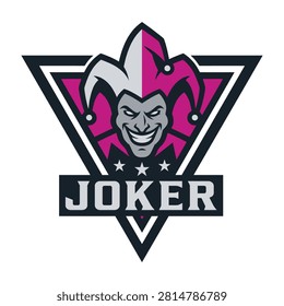 A stylized joker logo featuring a pink and white jester hat with a menacing face and the word Joker