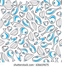 Stylized jugs and household utensils for the background pattern,