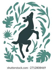 Estilizada silueta de canguro saltando rodeada de flora nativa australiana.