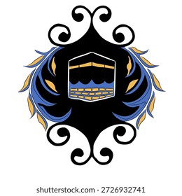 Una Kaaba estilizada, engastada dentro de un diseño ornamentado y simétrico con Elementos negros, azules y dorados.