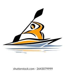Estilizado kayaker paddles barco rio aventura gráfica