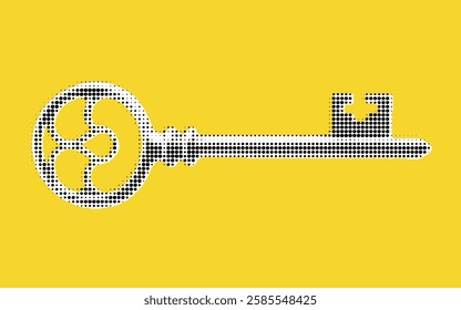 A stylized key design made up of small dots, set against a bright yellow background. The key features a decorative head with a unique pattern and a simple shaft.