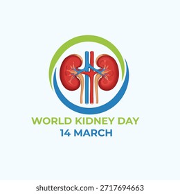 Stylized kidneys with vessels inside green-blue circular design and "World Kidney Day 14 March" text