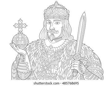 Stylized king (prince or royal lord) in a crown holding scepter and sword, isolated on white background. Freehand sketch for adult anti stress coloring book page with doodle and zentangle elements.