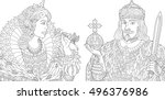 Stylized king (prince) with scepter and sword, young queen (princess) holding a rose. Freehand sketch for adult anti stress coloring book page with doodle and zentangle elements.