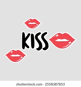 Stylized 'Kiss' Sticker with Red Lips on Gray Background